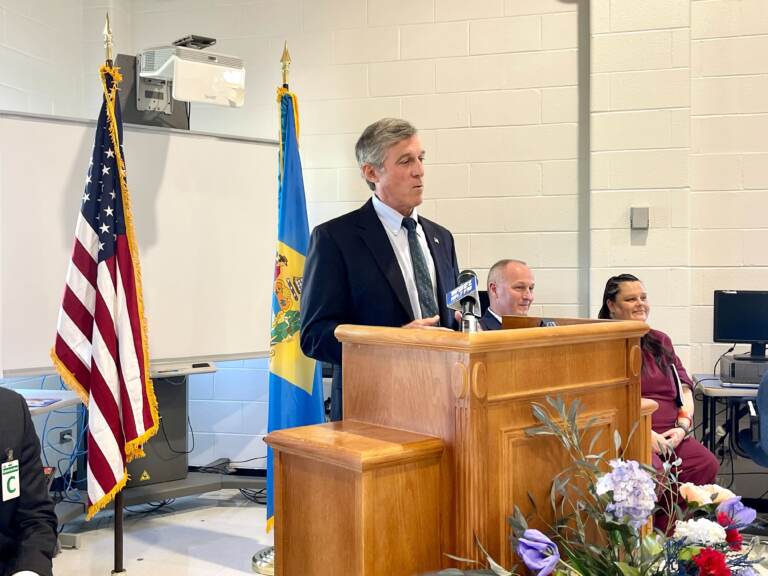 Governor John Carney speaking at the Baylor Women Correctional Institution. (Johnny Perez-Gonzalez/WHYY)