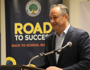 Second Gentleman Douglas Emhoff at the Back to School Bus Tour stop in Philadelphia. (Cory Sharber/WHYY)