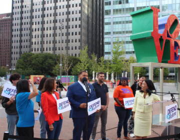 Democratic politicians and political activists kickstarted the ''Defend The Future'' campaign at Love Park in Philadelphia on Sept. 22, 2022. (Cory Sharber/WHYY)