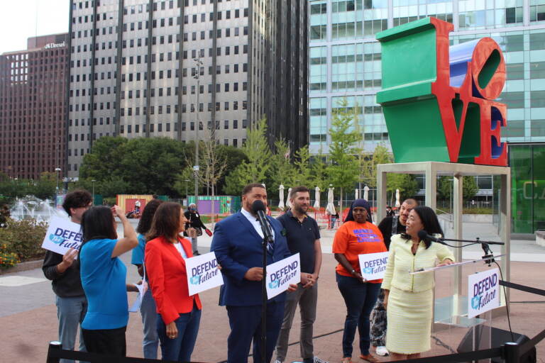 Democratic politicians and political activists kickstarted the ''Defend The Future'' campaign at Love Park in Philadelphia on Sept. 22, 2022. (Cory Sharber/WHYY)