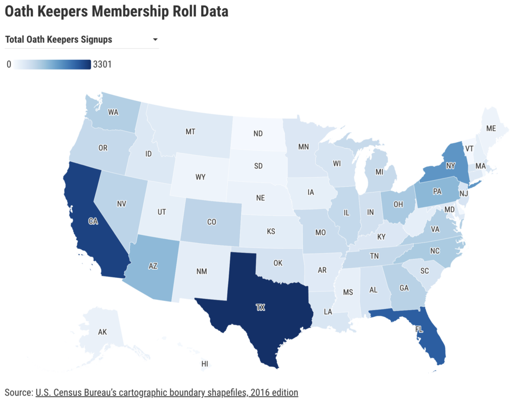 A U.S. map shows a variation of Oath Keepers membership data