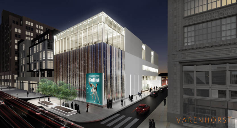 An architect's rendering shows the Philadelphia Ballet Center for Dance at North Broad and Wood streets. (Varenhorst Architects, courtesy of Philadelphia Ballet.)