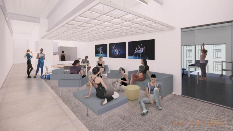 An architect's rendering shows dancers' lounge room at the Philadelphia Ballet Center for Dance. (Varenhorst Architects, courtesy of Philadelphia Ballet.)