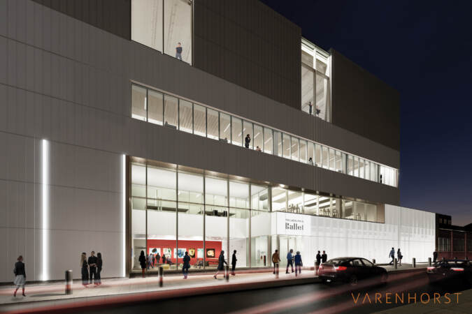 An architect's rendering shows the entrance to the Philadelphia Ballet Center for Dance. (Varenhorst Architects, courtesy of Philadelphia Ballet.)