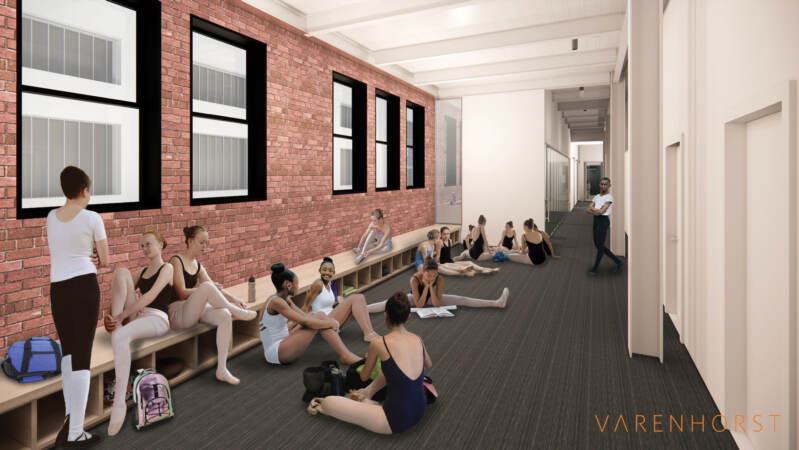 An architect's rendering shows the student dancers' lounge at the Philadelphia Ballet Center for Dance. (Varenhorst Architects, courtesy of Philadelphia Ballet.)