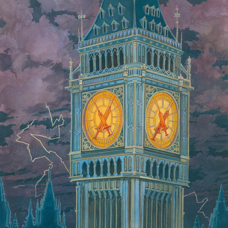 An illustration of a clock tower with a stormy sky, lighting, and a cityscape in the background