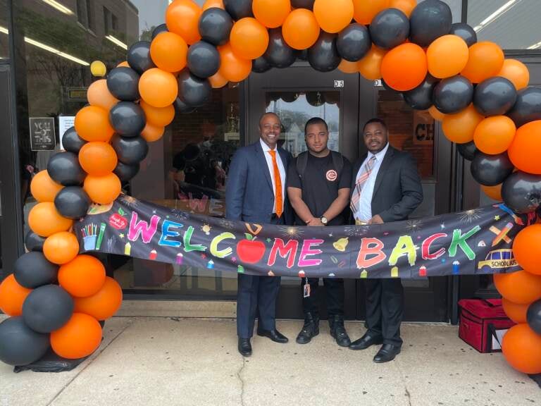 Superintendent Craig Parkinson (L) and Receiver Nafis Nichols (R) welcome back Chester Upland students in August 29, 2022 bell-ringing ceremony. (Courtesy of AEssential Consulting)