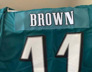 A former Carson Wentz Eagles jersey repurposed as an A.J. Brown jersey