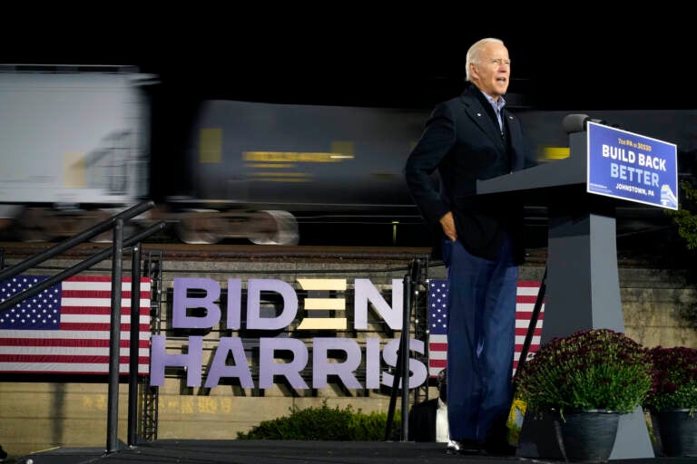 Joe Biden speaks at the Amtrak Johnstown Train Station