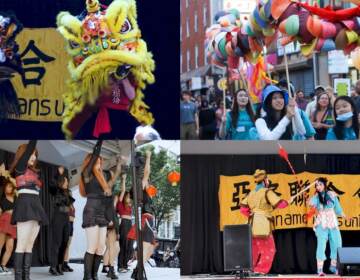 A collage of images show lion dances, performances, and more at Philadelphia Chinatown's Mid-Autumn Festival.