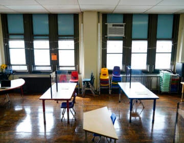 Desks are spaced apart at an elementary school