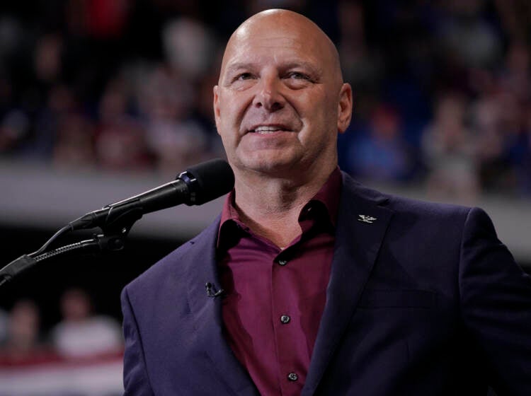 A close-up of Doug Mastriano at a rally