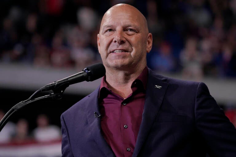 A close-up of Doug Mastriano at a rally