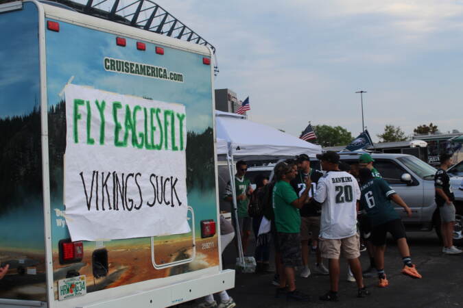 Eagles fans display their fandom, as well as their hatred of opposing teams in the NFC on their RVs. (Cory Sharber/WHYY)
