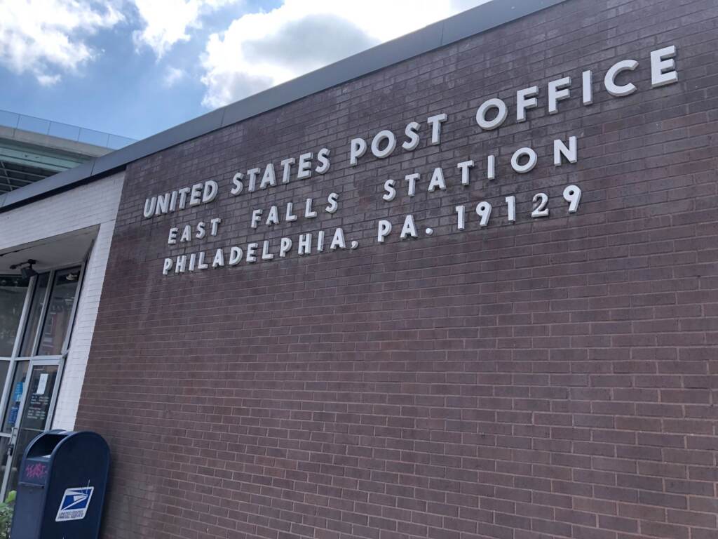 A building reads "United States Post Office, East Falls Station."