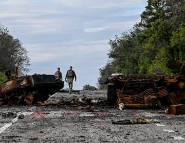 Destroyed armored vehicles litter the road in Balakliya, Kharkiv region, on Saturday. (Juan Barreto/AFP via Getty Images)