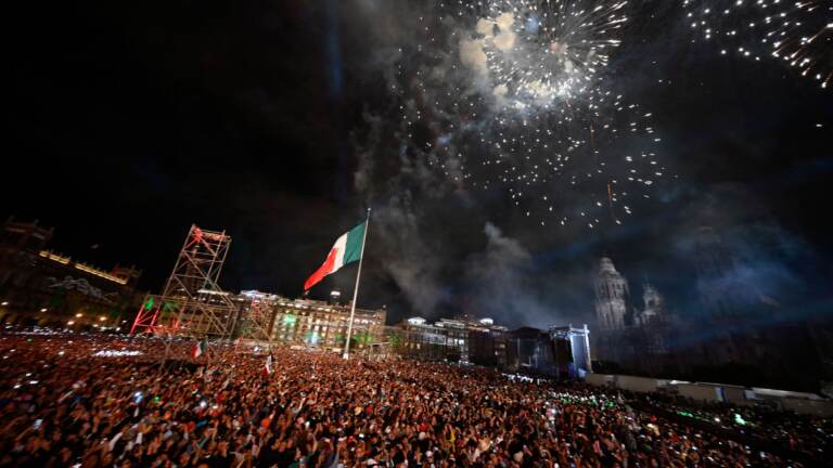 Fireworks soar over the National Palace Thursday night to mark the start of Independence Day celebrations in Mexico City. (Alfredo Estrella/AFP via Getty Images)