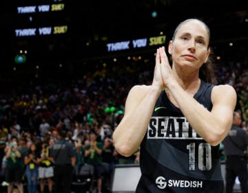 Sue Bird reacts after Tuesday's game, the last of her career, at the 2022 WNBA Playoffs semifinals in Seattle, Wash. (Steph Chambers/Getty Images)