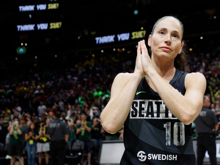 Sue Bird reacts after Tuesday's game, the last of her career, at the 2022 WNBA Playoffs semifinals in Seattle, Wash. (Steph Chambers/Getty Images)