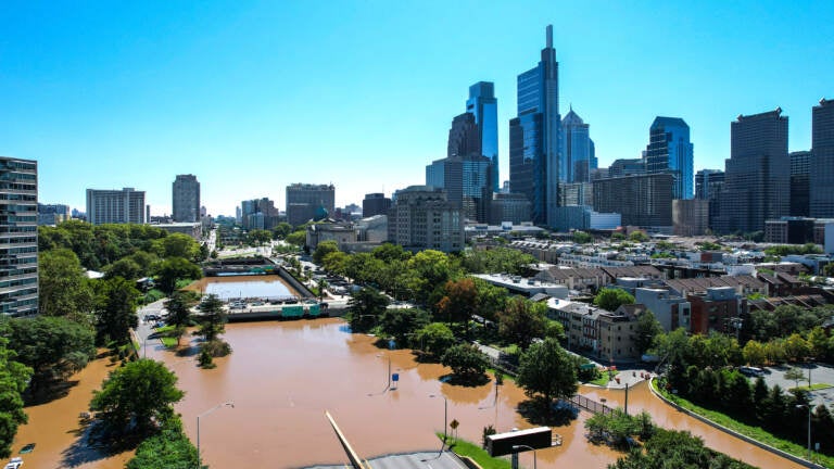 I-676 is seen filled with floodwaters from the Schuylkill River