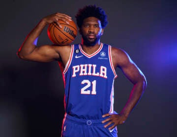 Philadelphia 76ers' Joel Embiid poses for a photograph during media day at the NBA basketball team's practice facility, Monday, Sept. 26, 2022, in Camden, N.J. (AP Photo/Chris Szagola)