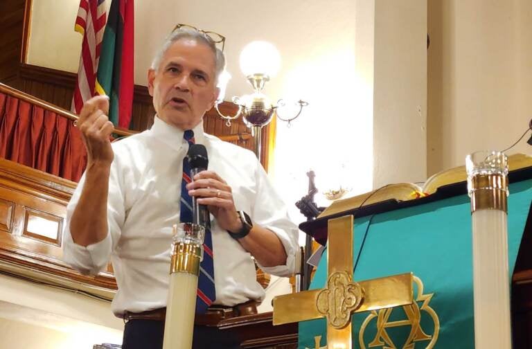 Philadelphia District Attorney Larry Krasner addresses supporters at Mother Bethel AME Church