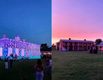 Two photos side-by-side show a building in an open field at twilight and sunset.
