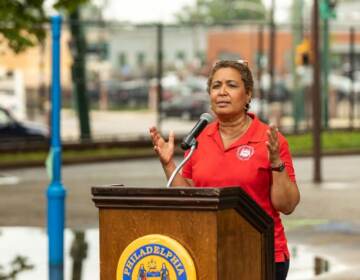 Maria Quiñones Sánchez speaks at a podium outdoors.