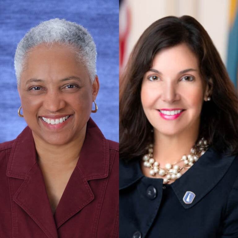 A woman on the left smiles in a headshot, and on the right another woman smiles in a headshot.