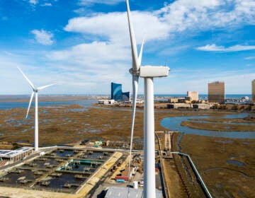 Wind turbines spin to generate electrical power in Atlantic City