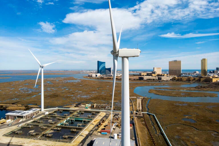 Wind turbines spin to generate electrical power in Atlantic City