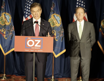 Republican Senate candidate Mehmet Oz called out his opponent for not answering questions in public at a press conference with Pennsylvania Sen. Pat Toomey on Friday. (Oliver Morrison/WESA)