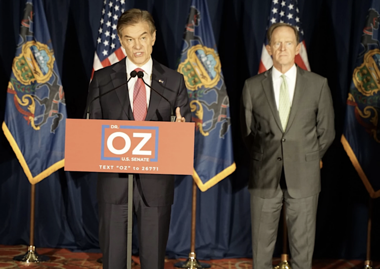 Republican Senate candidate Mehmet Oz called out his opponent for not answering questions in public at a press conference with Pennsylvania Sen. Pat Toomey on Friday. (Oliver Morrison/WESA)