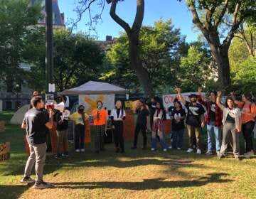 Penn students and supporters rally at the encampment on College Green Monday. (Sophia Schmidt/WHYY)