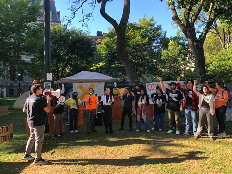 Penn students and supporters rally at the encampment on College Green Monday. (Sophia Schmidt/WHYY)