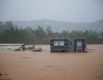 A home is surrounded by brown floodwaters as trees bend in the wind in the background.