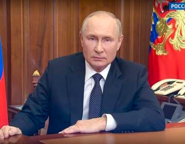 In this image made from a video released by the Russian Presidential Press Service, Russian President Vladimir Putin addresses the nation in Moscow, Russia, Wednesday, Sept. 21, 2022. (Russian Presidential Press Service via AP)