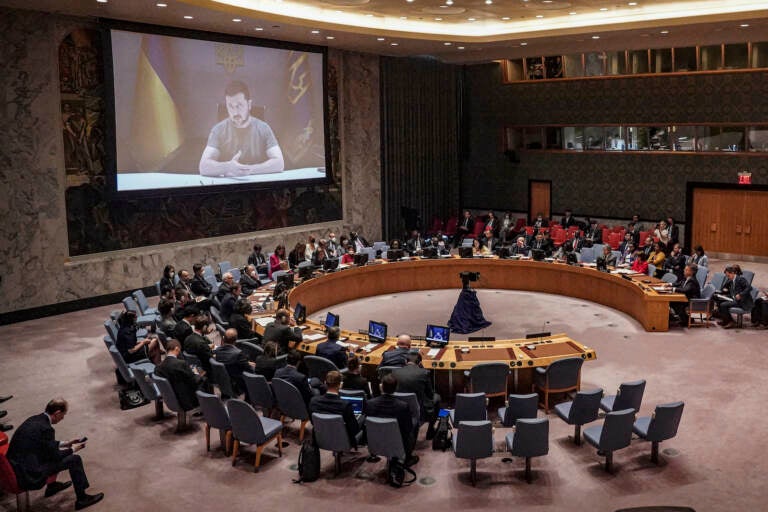 Ukraine President Volodymyr Zelenskyy addresses the United Nations Security Council by video