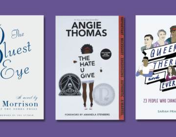 Covers of three books are visible against a purple background.