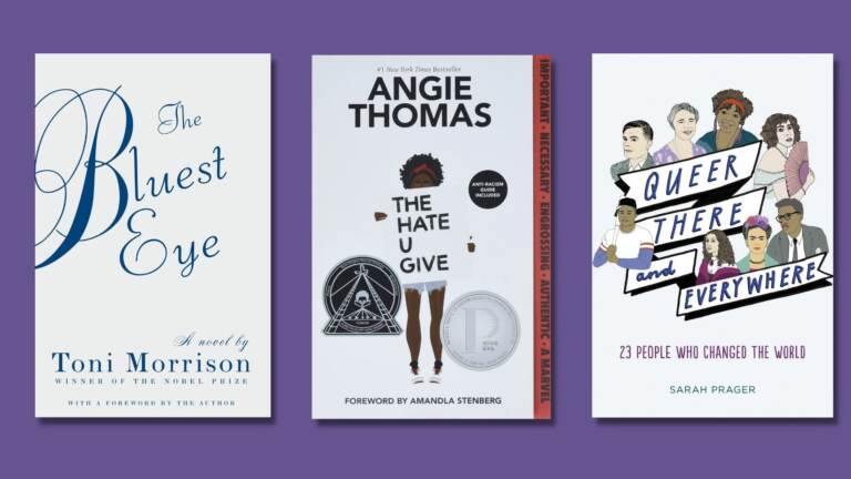 Covers of three books are visible against a purple background.