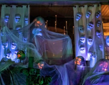 A closeup of Halloween decorations in Philly that resemble a haunted opera