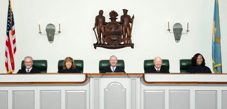 From left, the Delaware Supreme Court: Justice Gary F. Traynor, Justice Karen L. Valihura, Chief Justice Collins J. Seitz, Jr., Justice James T. Vaughn, Jr., Justice Tamika R. Montgomery-Reeves. (Delaware Supreme Court)