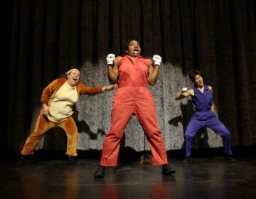 Theater artists (from left) Jess Conda, Jenn Kidwell, and Mel Krodman perform in ''Those with Two Clocks'' at the Wilma Theater. (Emma Lee/WHYY)