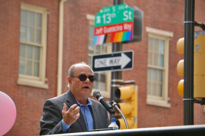 Mark Segal, publisher of the Philadelphia Gay News, speaks about Jeff Guaracino, the CEO of Visit Philadelphia who died in December of 2021 at age 48. To honor his contributions, the city renamed a portion of 13th Street Jeff Guaracino Way. (Emma Lee/WHYY)