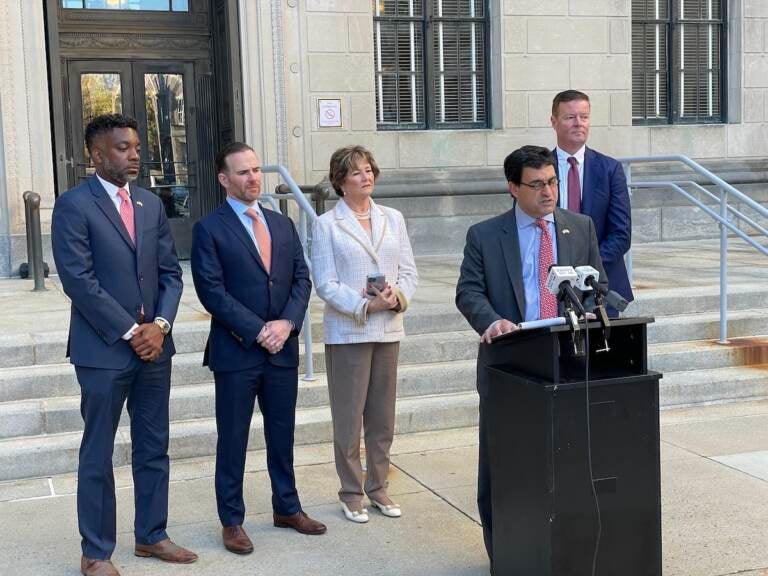 Five of the Republicans running against Democratic incumbents running for office in New Jersey, (from left) Darius Mayfield, Bob Healy, Sue Kiley, Frank Pallotta and Paul DeGroot. They were making the case on why they should be elected at the State House in Trenton on Oct. 20, 2022. (P. Kenneth Burns/WHYY)