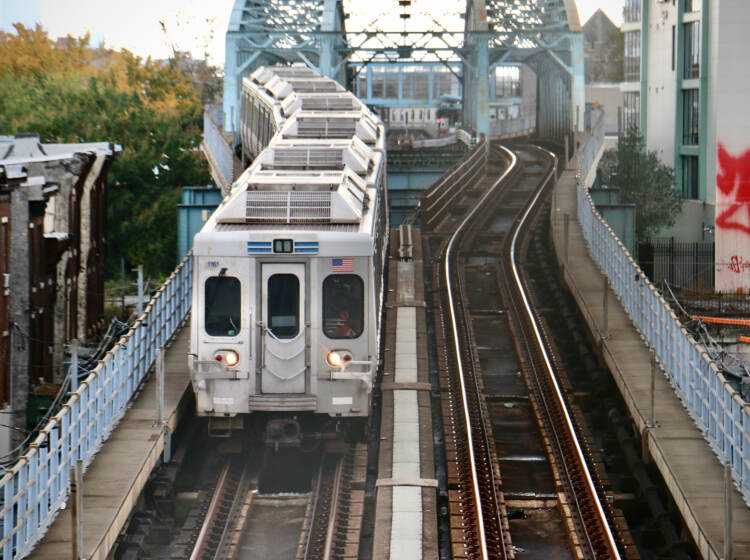 A train on tracks as seen from above.