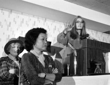 In this Nov. 21, 1979 file photo, Bella Abzug, left, and Patsy Mink of Women USA sit next to Gloria Steinem as she speaks in Washington where they warned presidential candidates that promises for women's rights will not be enough to get their support in the next election. (AP Photo/Harvey Georges)