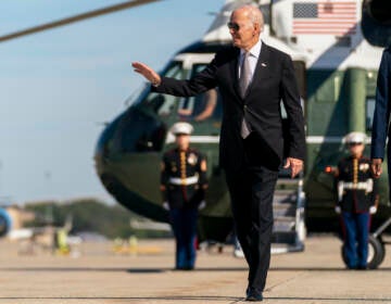 President Joe Biden boards Air Force One at Andrews Air Force Base, Md., Thursday, Oct. 6, 2022, to travel to Poughkeepsie, N.Y. (AP Photo/Andrew Harnik)