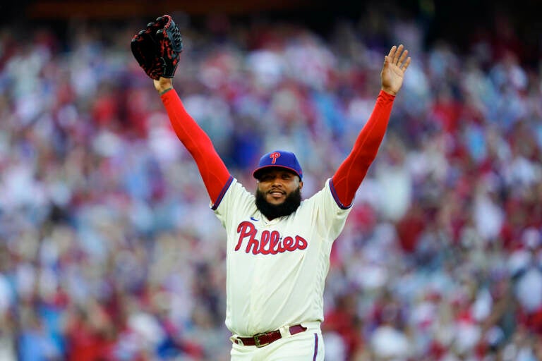 Philadelphia Phillies relief pitcher Jose Alvarado (46) acknowledges the fans after being relieved during the seventh inning in Game 4 of baseball's National League Division Series between the Philadelphia Phillies and the Atlanta Braves, Saturday, Oct. 15, 2022, in Philadelphia. (AP Photo/Matt Rourke)