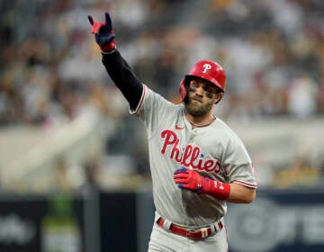 Philadelphia Phillies' Bryce Harper celebrates after a home run